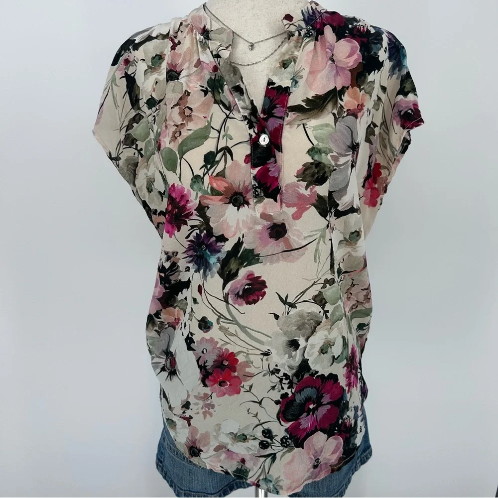 Silk Floral Blouse Cottagecore Romantic Top Sheer Femme Amour Vert XS - Picture 2 of 7
